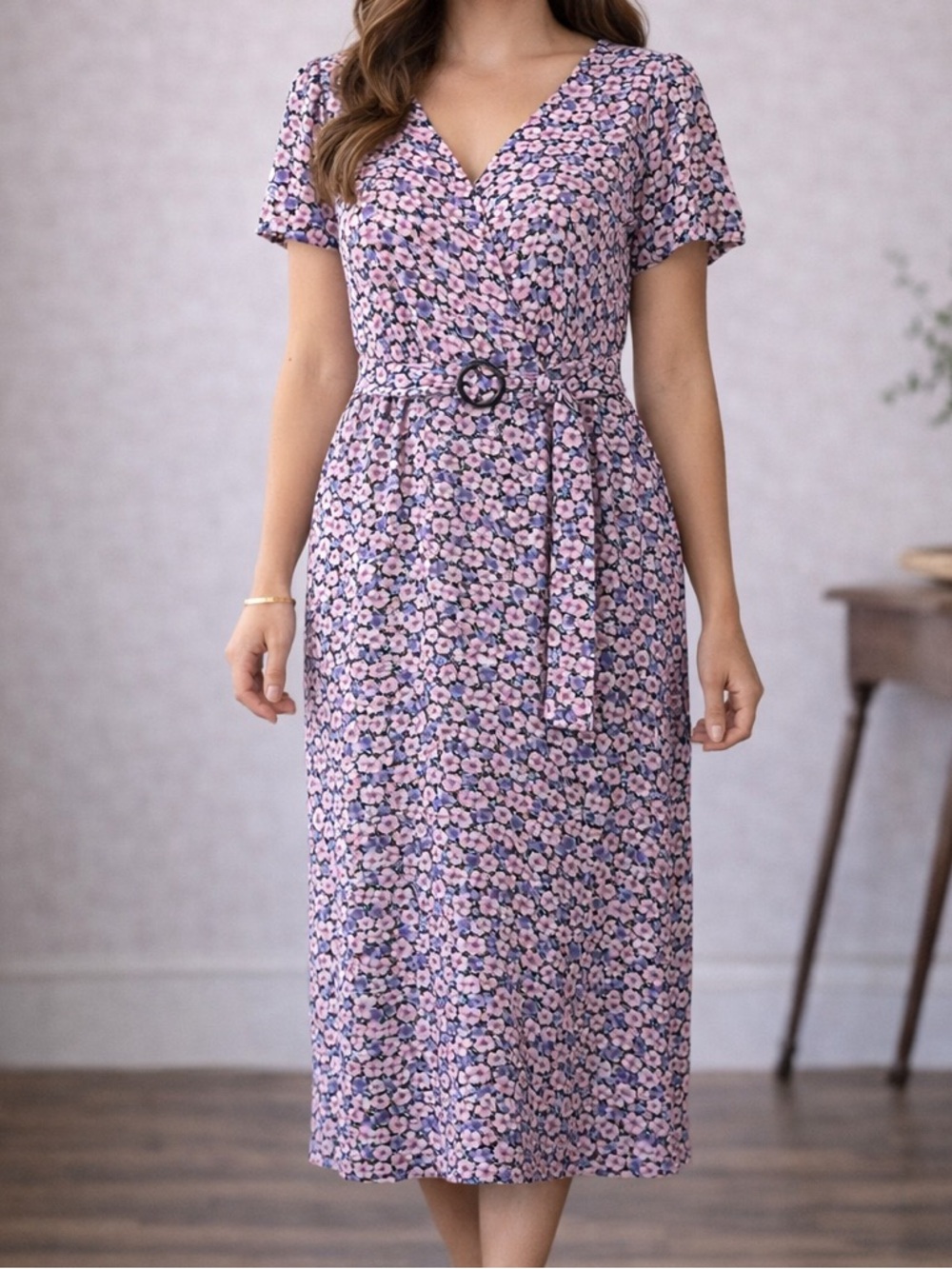 Vintage Jody Floral Midi Dress Pink Purple Belted Waist 80s Size M 9/10